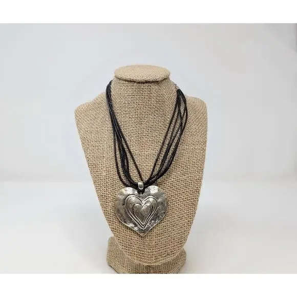 Silver Tone Layered Heart Necklace Earrings Set Multi-Strand Clip On Boho - Picture 8 of 13